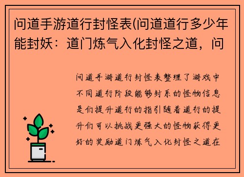 问道手游道行封怪表(问道道行多少年能封妖:道门炼气入化封怪之道,问道手游道行封怪大全)