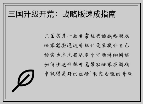 三国升级开荒：战略版速成指南