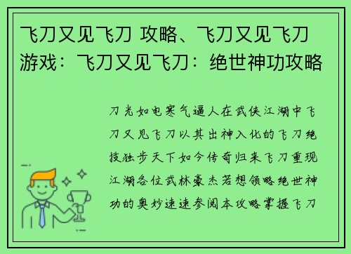 飞刀又见飞刀 攻略、飞刀又见飞刀 游戏：飞刀又见飞刀：绝世神功攻略与秘籍解读